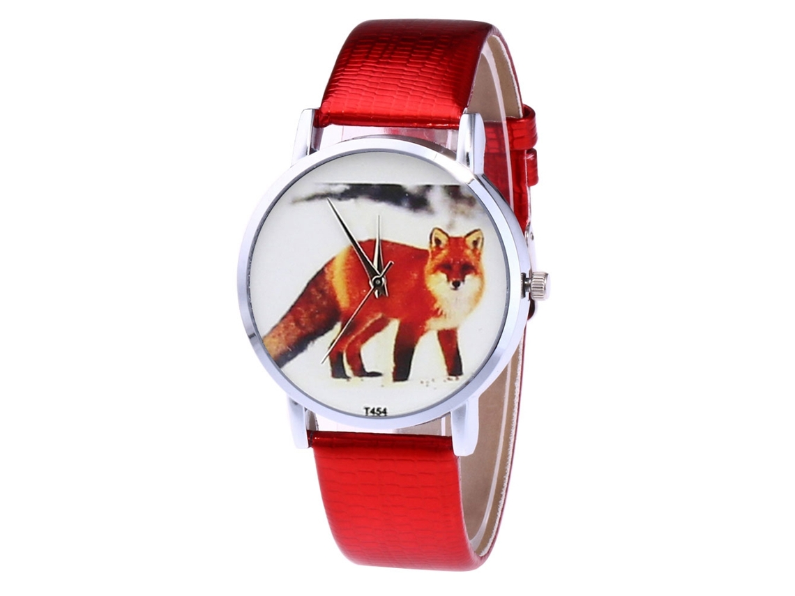 Reloj Unisex Para Parejas Con Esfera De Animales De Dibujos Animados Y Correa De Cuarzo De Pu Roja.