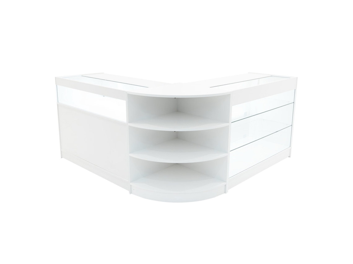 Mostrador comercial MonsterShop Demeter, blanco, K1200B1200LM60, MDF y vidrio templado