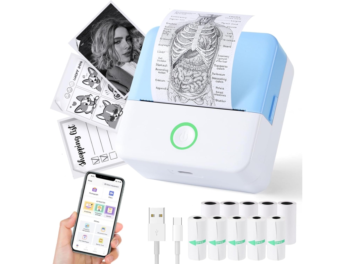 La impresora térmica portátil Siurn incluye 10 rollos de papel y es compatible con iOS y Android.