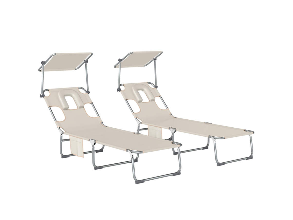 Juego De 2 Tumbonas Con Toldo De 360°, Abertura Para La Cara, Bolsillo Lateral, Textilene, 550 G, Beige.