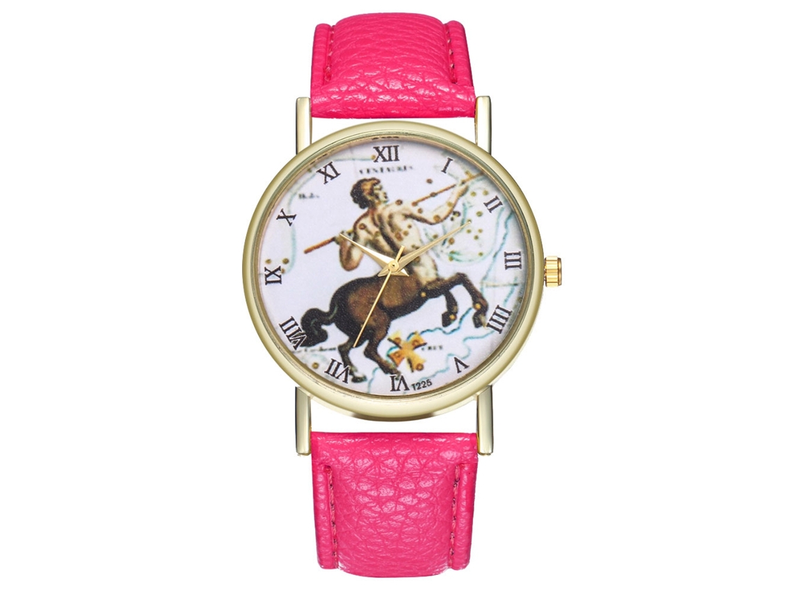 Reloj De Cuarzo Con Correa De Cuero, Diseño Del Signo Zodiacal Sagitario (rosa Y Rojo).
