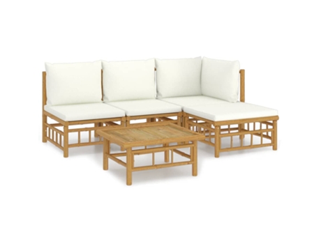 Conjunto 5 de muebles de jardín VIDAXL bambú y cojines blanco crema
