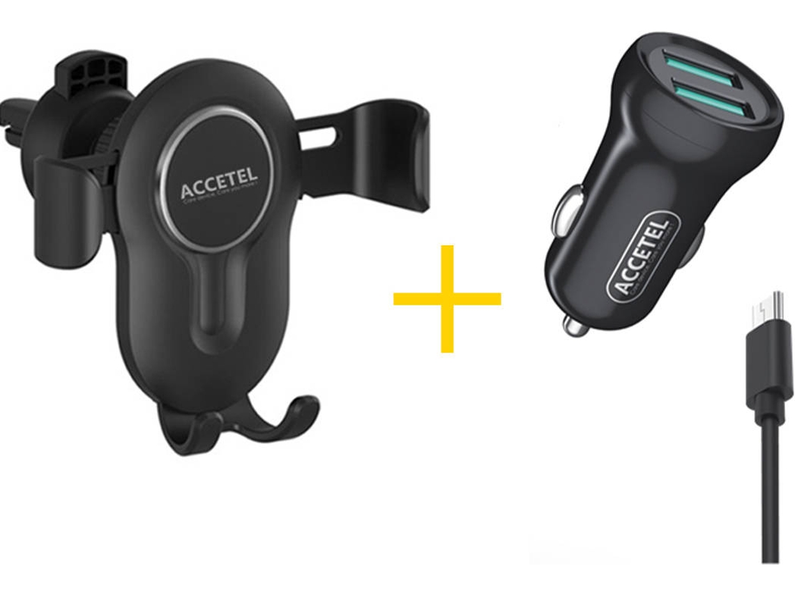 Kit Cargador Coche, Cable Micro USB y Soporte Móvil ACCETEL CC265 SP-118 (Negro)