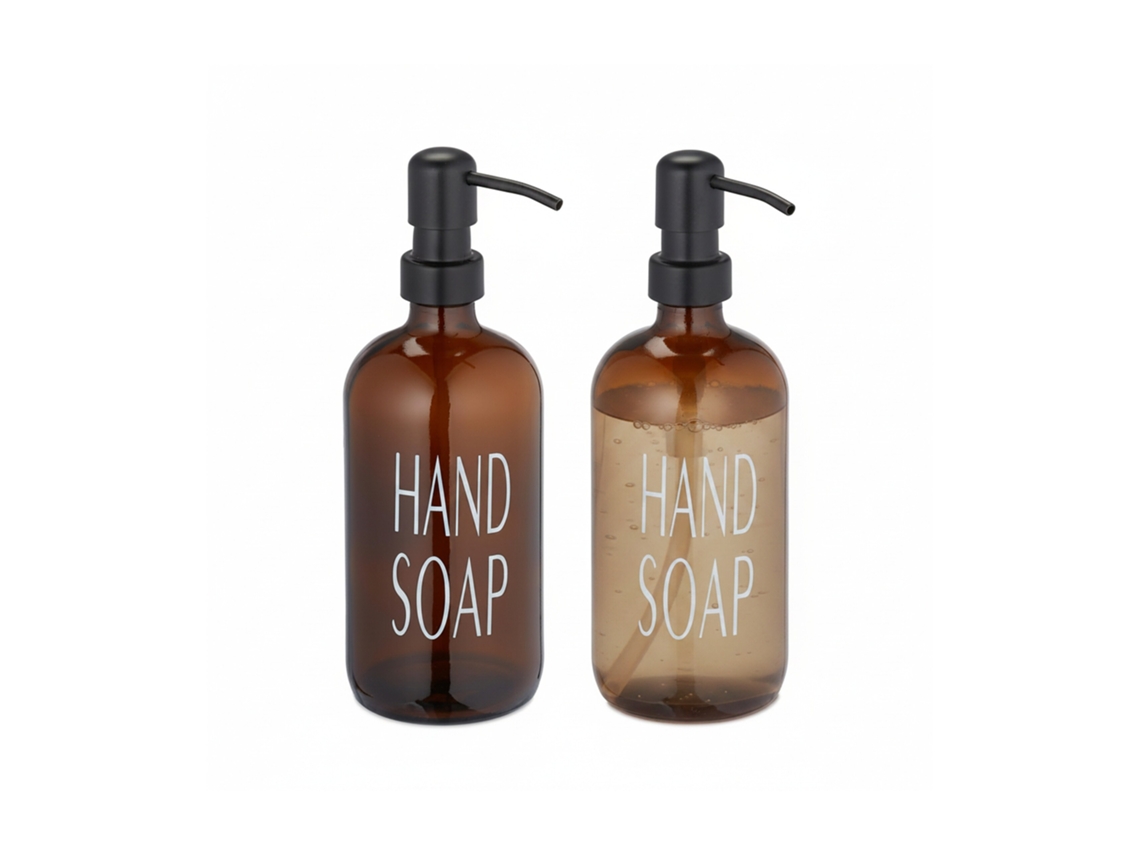 Dispensador De Sabonete Em Vidro Relaxdays, 2 Unidades, Bomba De Aço Inox, Recarregável, 500 Ml, Castanho