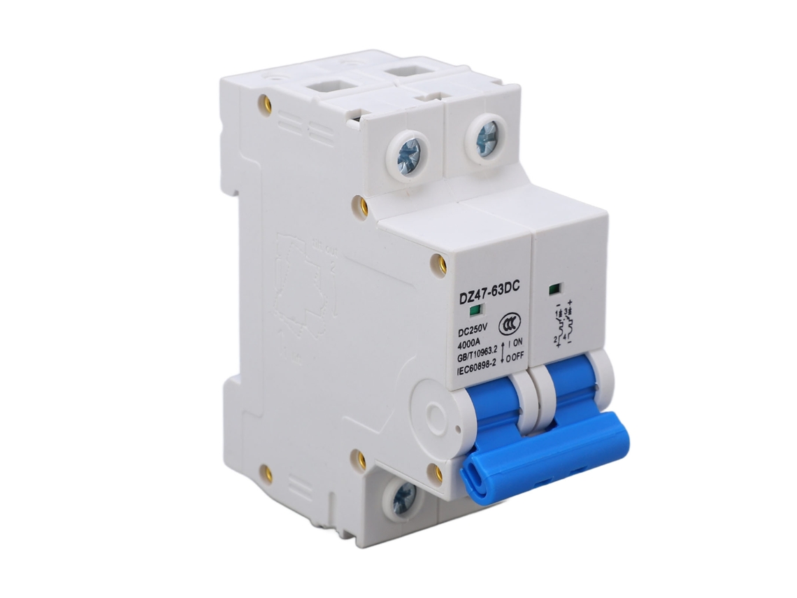 Disyuntor Miniatura De Aire Para Paneles Fotovoltaicos De Cc, 2 Polos, 63 A, 4 Ka, 250 V Cc, Ignífugo.