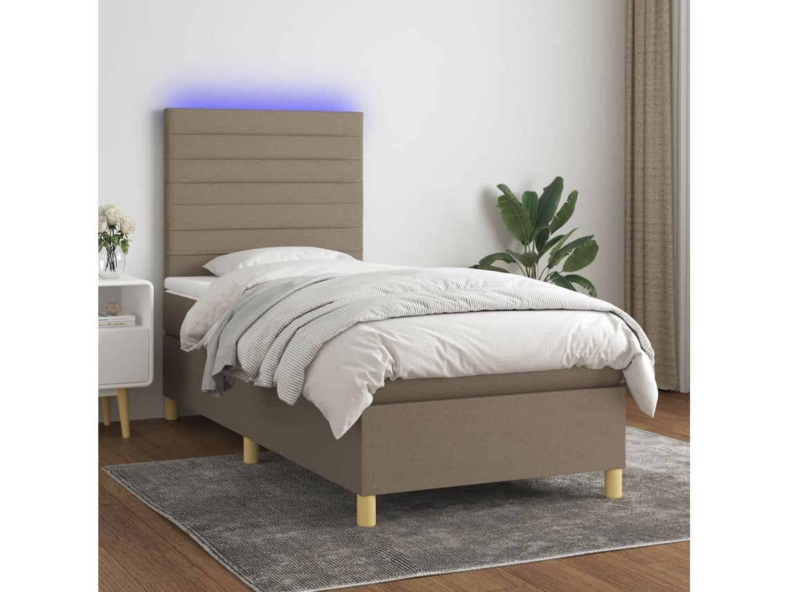 Cama Box Spring Colchón Y Luces Led Tela Gris Taupe 90x190 Cm