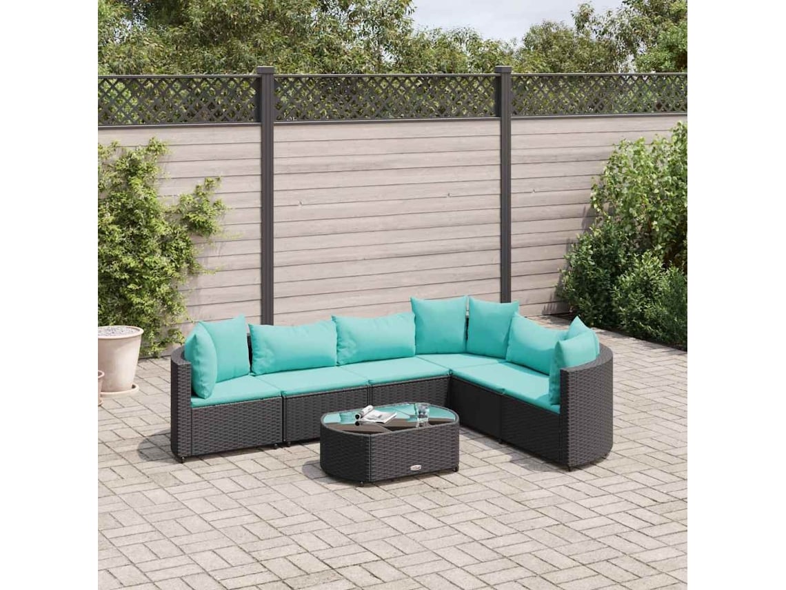 Conjunto de sofá de jardín de 7 piezas con cojines, ratán negro, Dkd Home Decor