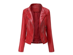 Jaqueta curta feminina de couro, corte slim, com zíper assimétrico, ideal para motociclismo e uso casual, disponível nas cores preto, azul, vermelho e creme, tamanho M e vermelho (modelo 2026).
