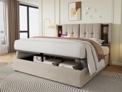 Cama Canapé Tapizada 140x200 Cm - Con Carga Inalámbrica Y Cabezal De Almacenamiento - Tela De Lino - Beige