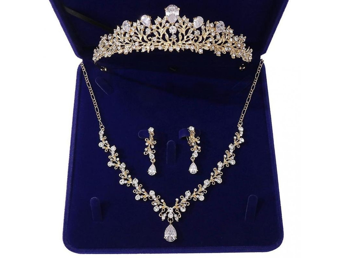 Juego De Joyería De Cristal Para Novia Con Collar, Pendientes Y Tiara De Zirconia Plata/oro Oro