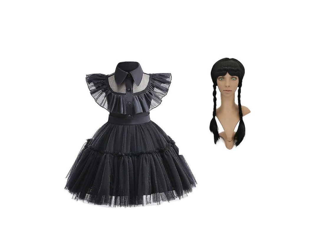 Vestido Mesh Wednesday Con Peluca Para Niñas Traje De Roleplay Talla 80 Negro A Ochenta Negro A