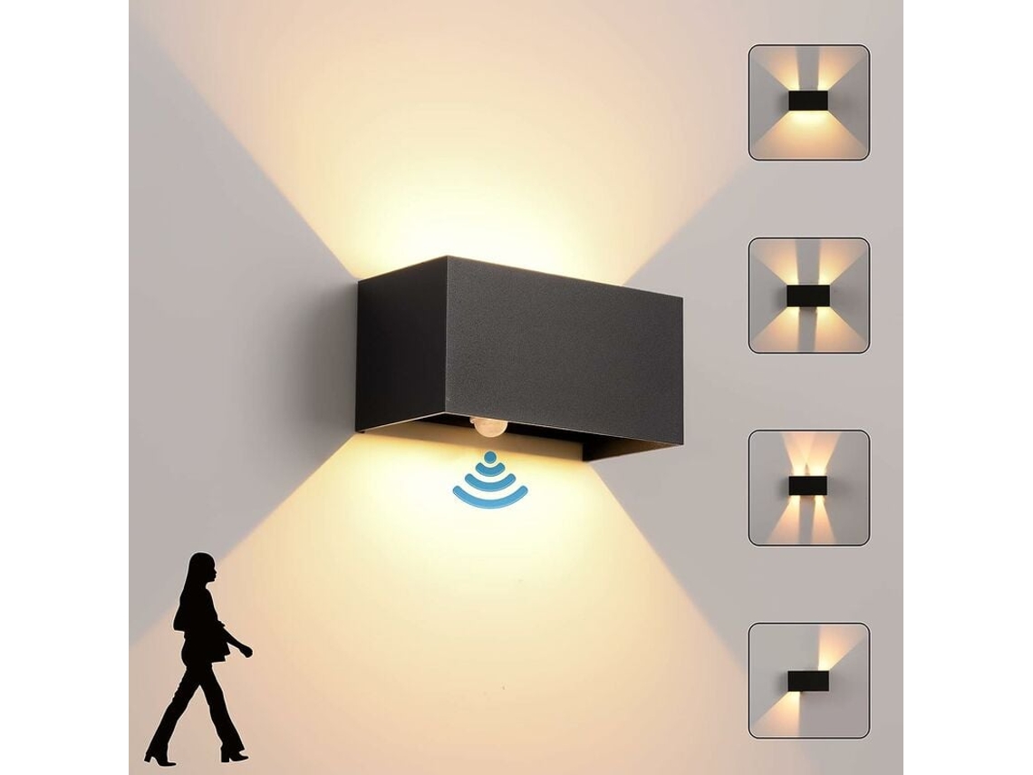 Aplique LED de pared de aluminio para exteriores, resistente al agua, sensor de anochecer y amanecer, ángulo de haz ajustable IP65, apto para iluminación exterior.