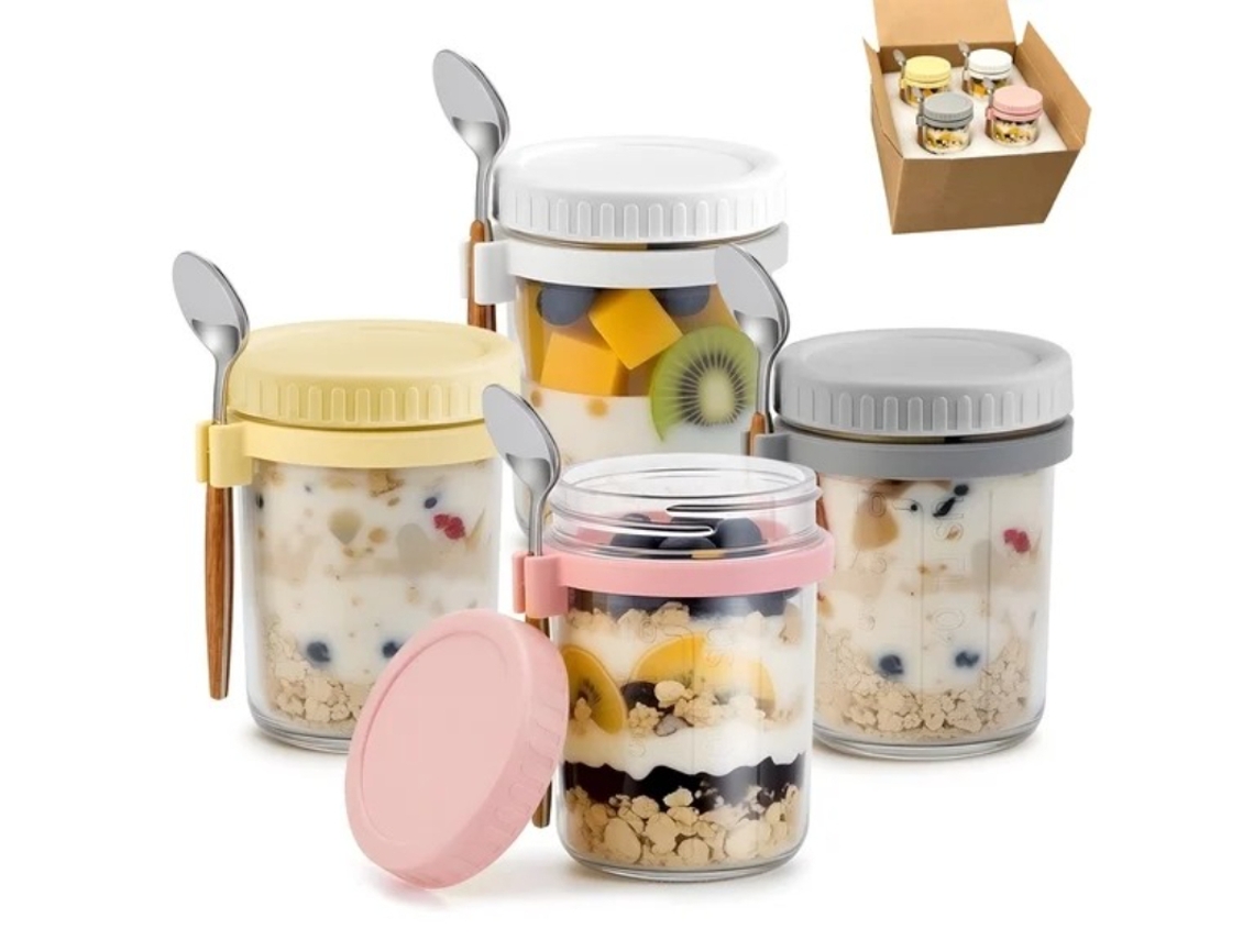 Recipientes para avena nocturna con tapa y cuchara, a prueba de fugas, ideales para almacenar leche, avena y fruta - Paquete de 4 Hexinyigjly