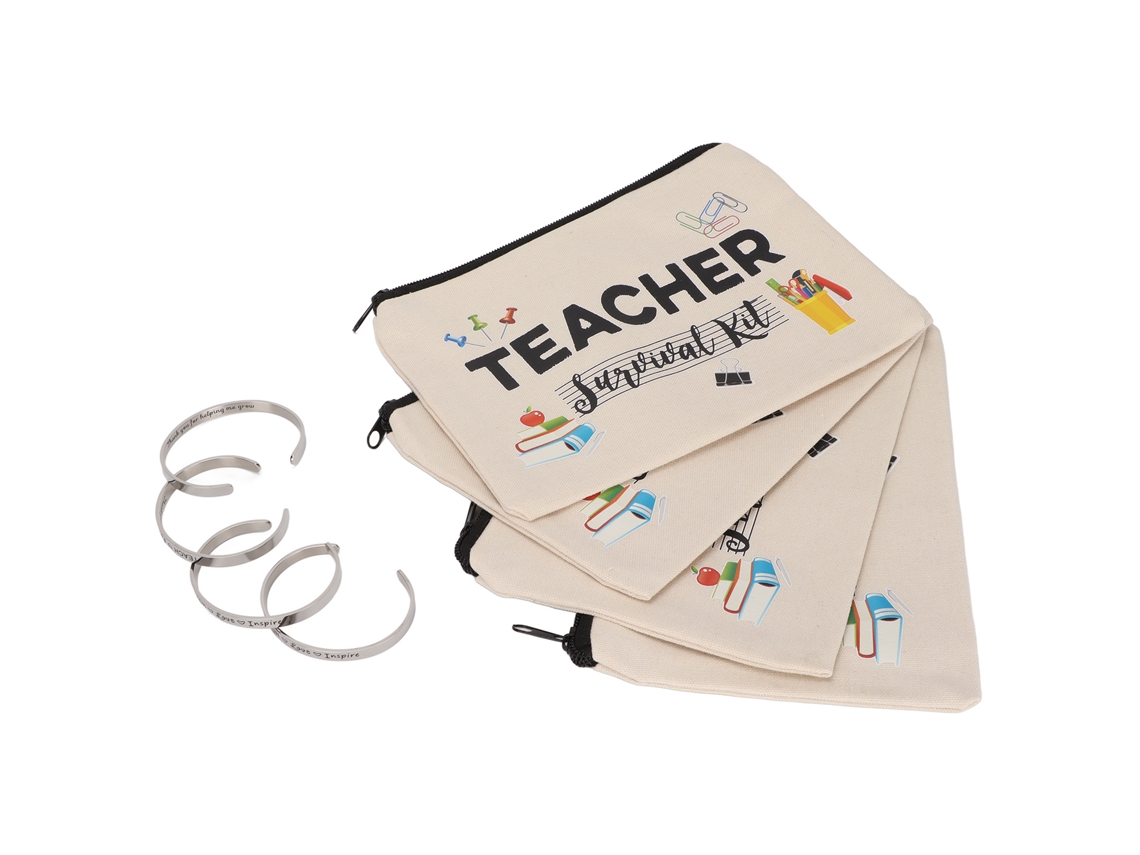 Regalos de agradecimiento para profesores: 4 neceseres de maquillaje y 4 pulseras de acero inoxidable.