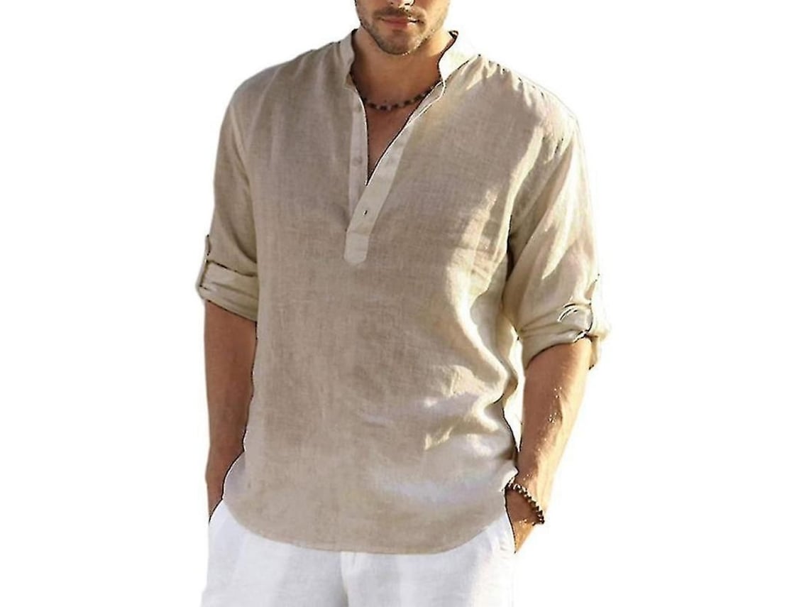 Camisa de lino y algodón holgada para hombre Rebe, manga larga informal, tallas S-5XL, color caqui Four Seasons.