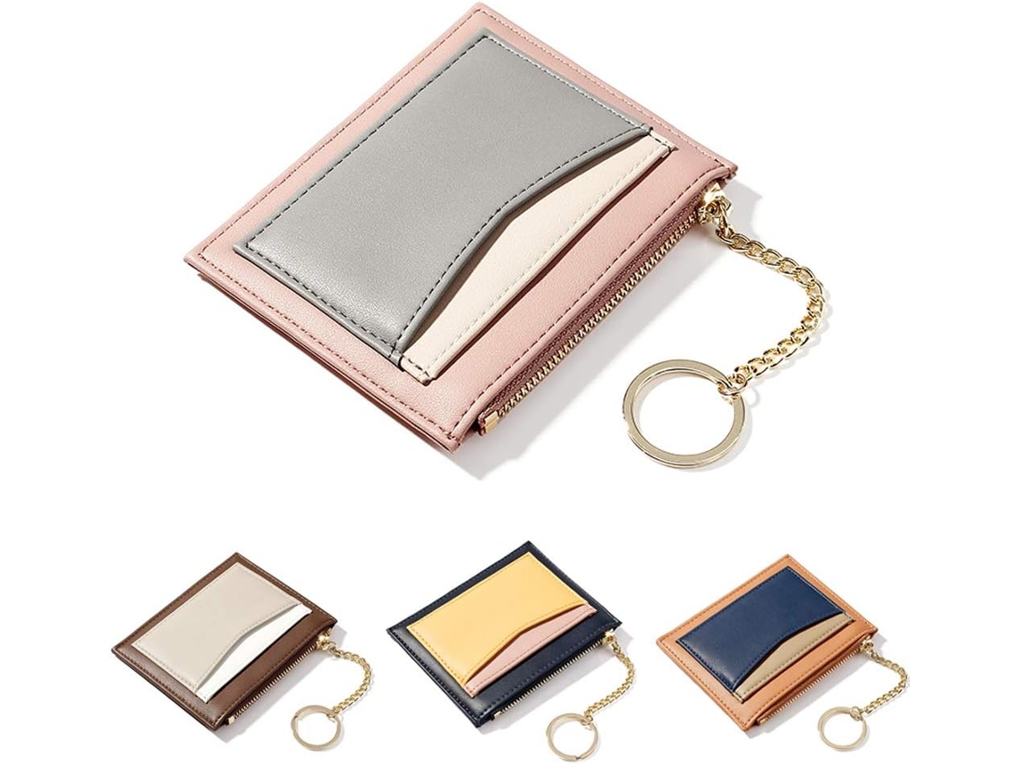 Cartera de piel sintética para mujer - Monedero compacto con cremallera - Rosa