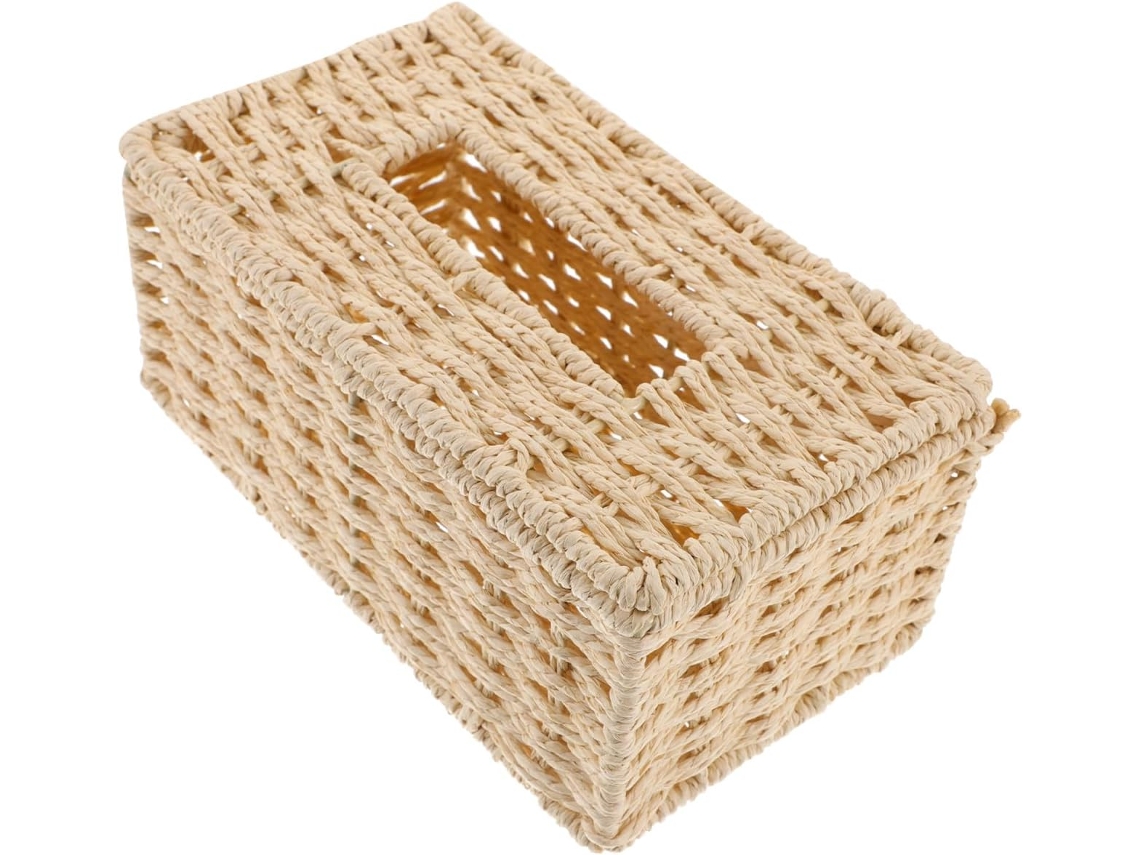 Caja Para Pañuelos De Papel Tejida A Mano En Color Beige, Estilo Rústico Y Sencillo.