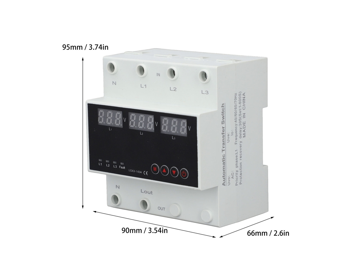 Interruptor de transferencia automática trifásico Jinwei con protector de voltaje, montaje en riel DIN, con pantalla LED ajustable, AC110V