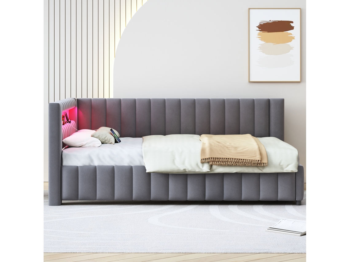Cama-banqueta Tapizada En Terciopelo - 140x200 Cm - Con Iluminación Led Y Toma Usb - Gris (colchón No Incluido)