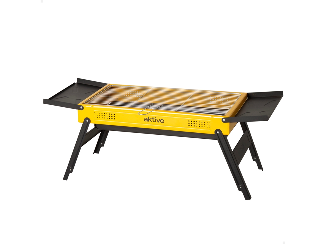 Parrilla plegable de carbón Aktive, de acero, 89x33x33 cm, con bandejas laterales.