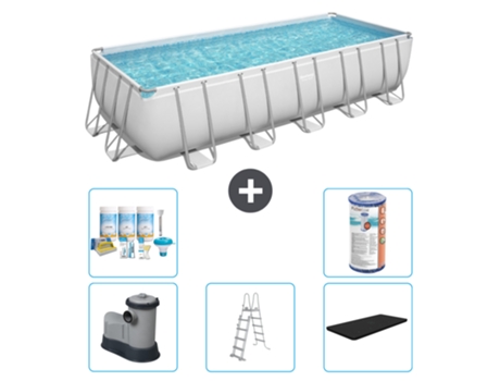 Piscina BESTWAY Rectangular Power Steel - 640 x 274 x 132 - Gris - Incluida bomba - Escalera - Cobertor Paquete de mantenimiento - Filtrar