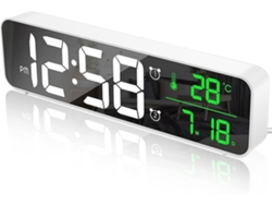 Reloj despertador digital, despertador matutino, reloj de pared LED, reloj de espejo digital de pantalla grande con fecha y temperatura, reloj USB blanco Lalamoli