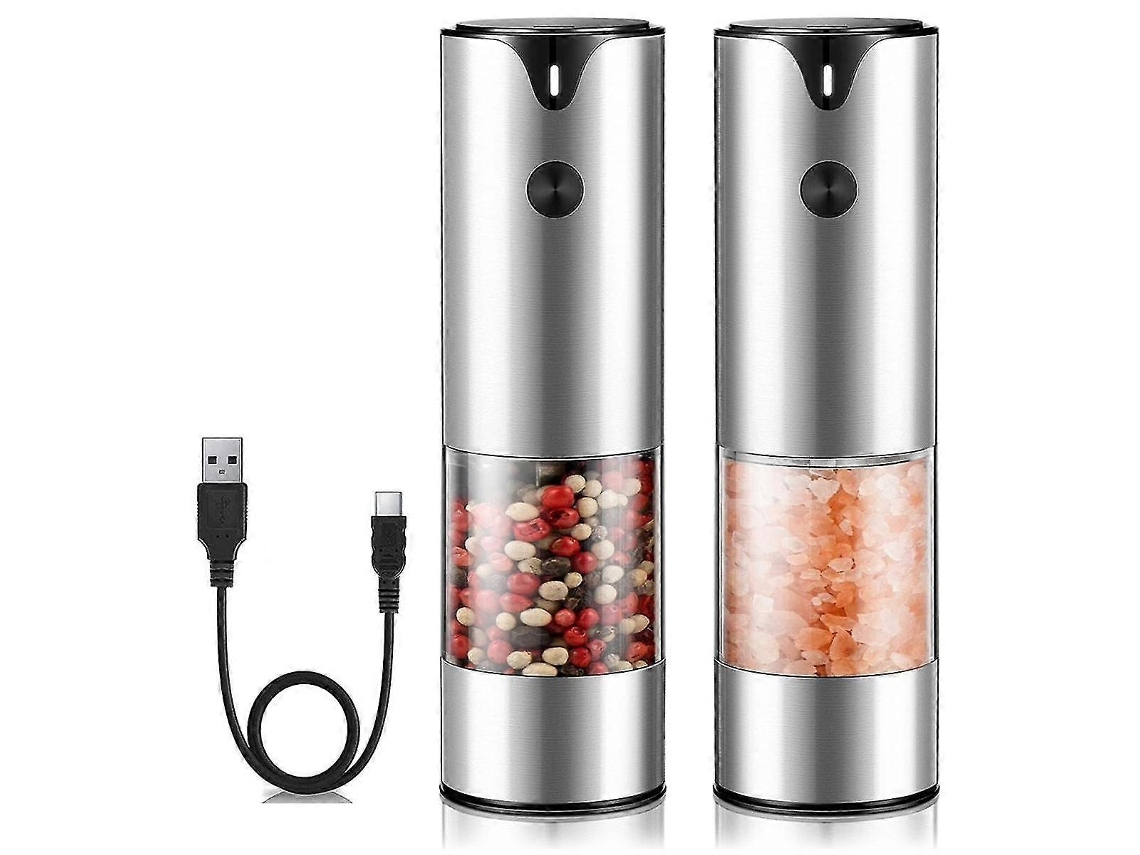 Set De Molinillos Eléctricos Recargables Para Sal Y Pimienta Con Ajuste De Grosor Y Luz Led De Calor Plata