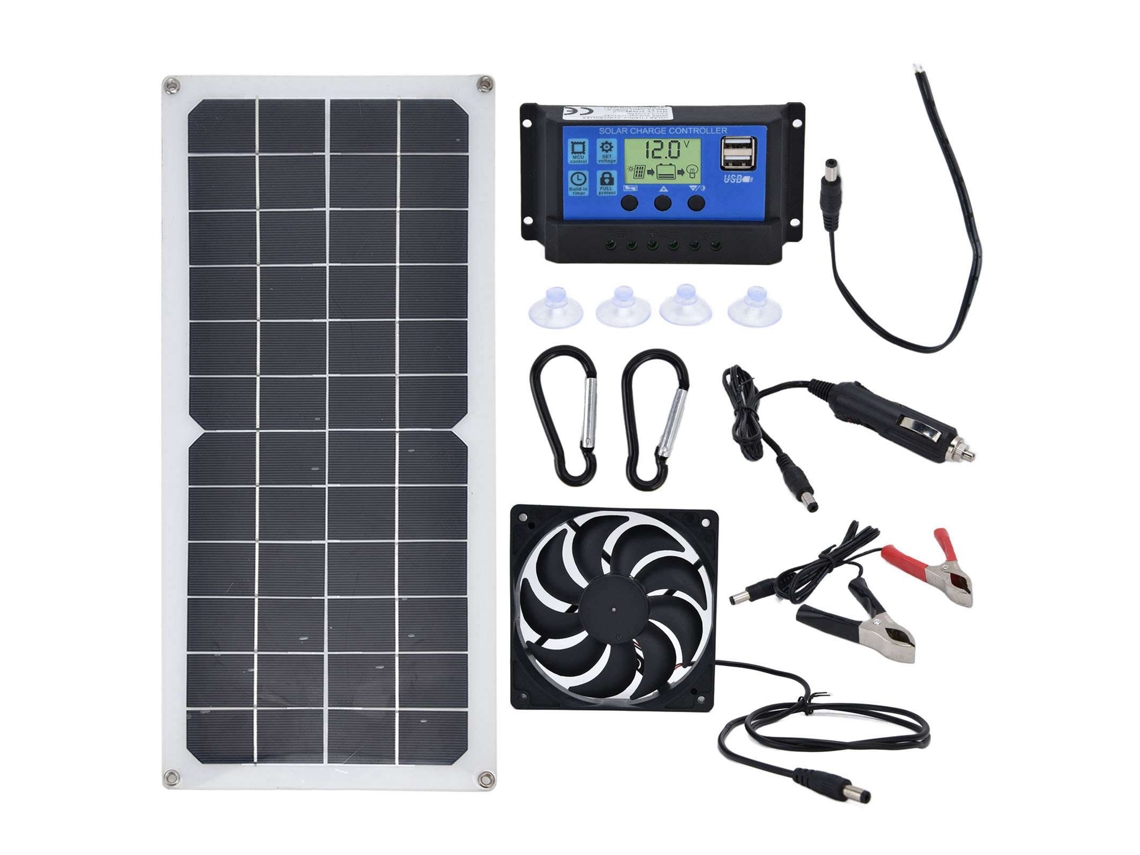 Kit de panel solar Primerox de 10 W con controlador de 10 A y ventilador de escape para automóvil.
