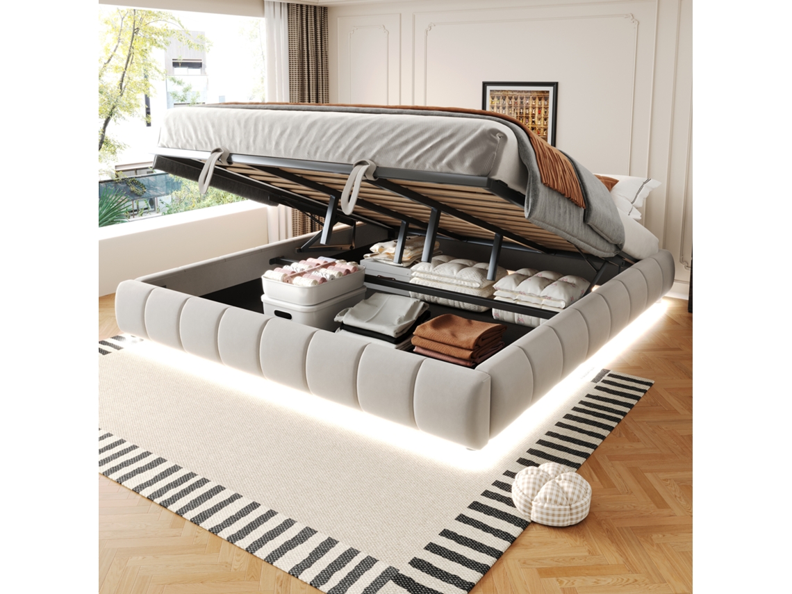 Cama Doble Empotrada De Color Beige De 180x200 Cm, Iluminación Led, Compartimento De Almacenamiento Hidráulico Y Espacio Para Colgar Ropa.