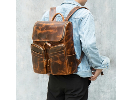 Mochila para hombre Mochila de cuero genuino vintage para hombre para computadora portátil Bolsa de viaje de gran capacidad-7422 café aceite