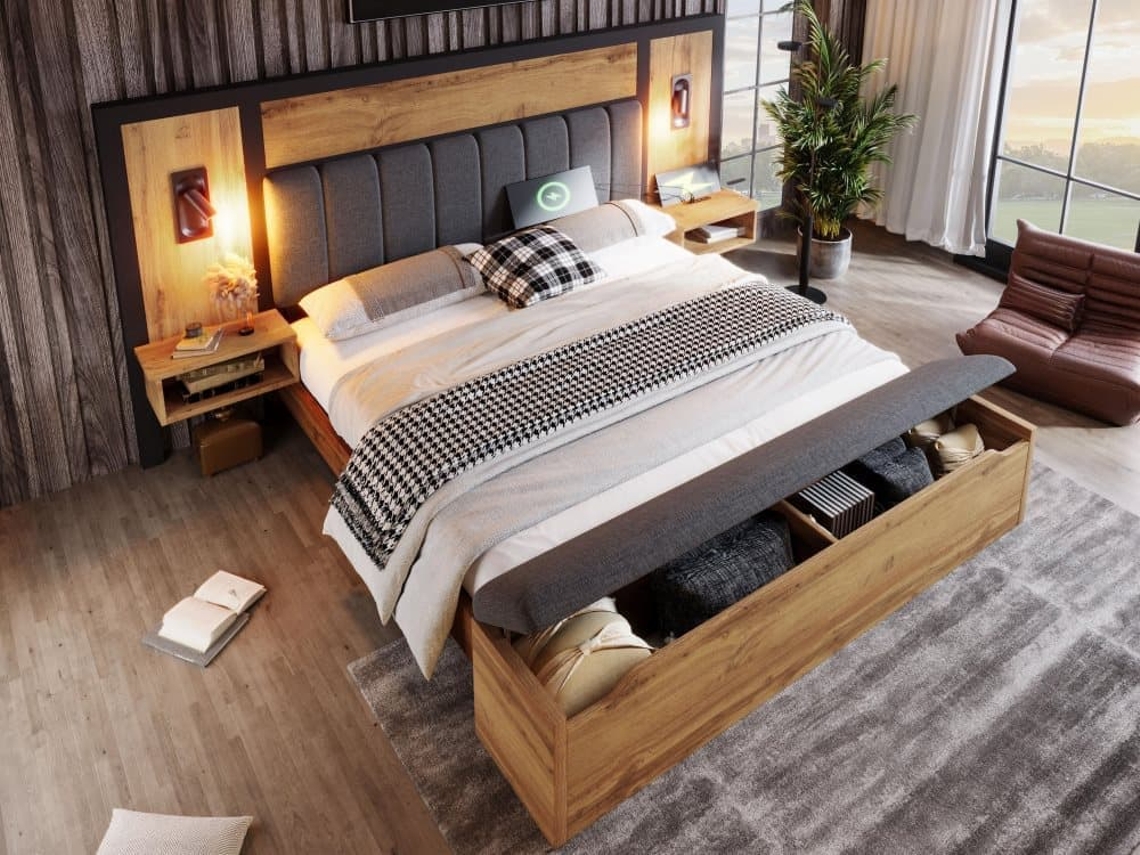 Cama Doble 180x200 - Cama Tapizada Con Lámpara De Lectura, Mesita De Noche Con Usb C Y Banco Con Almacenamiento - Roble