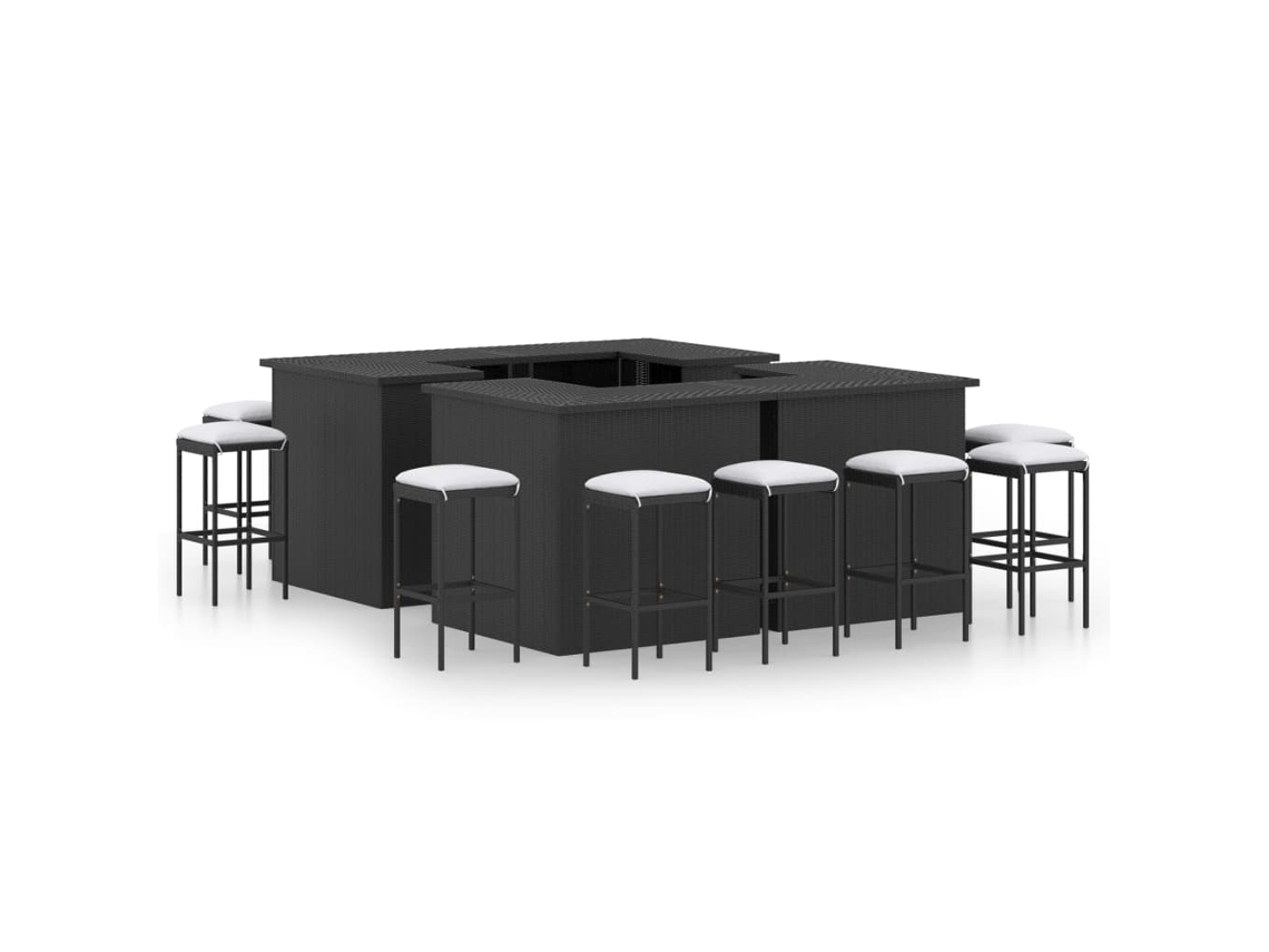 16 Pcs Conjunto De Bar P/ Jardim C/ Almofadões Vime Pe Preto Dkd Home Decor