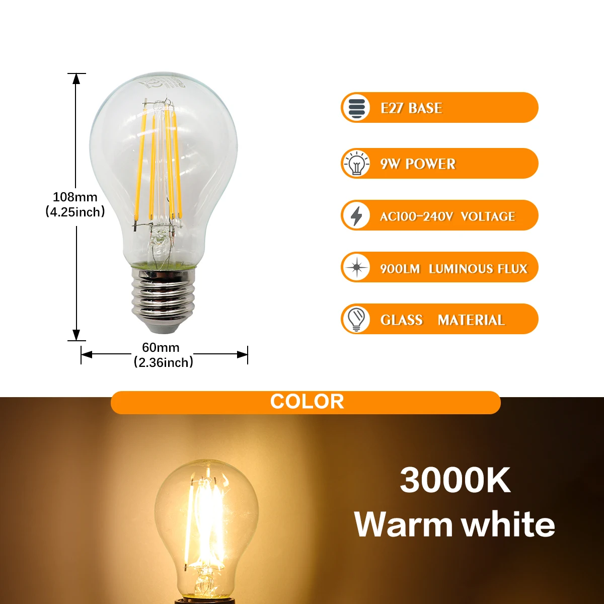 Bombilla Led De 9 W (e27, Cristal, 3000 K, 10 Unidades), Luz Decorativa Para El Hogar.