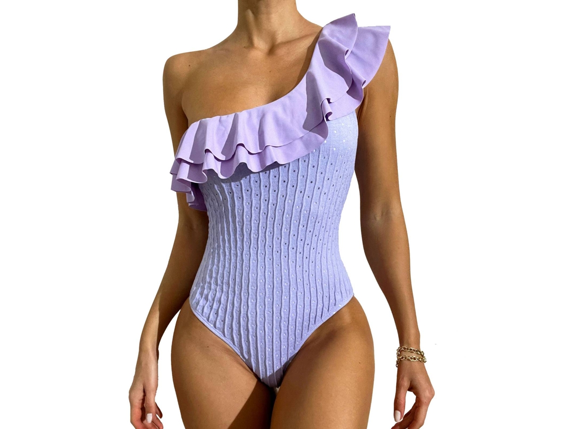 Traje de baño asimétrico con volantes, sin aros, sin espalda, morado, talla M