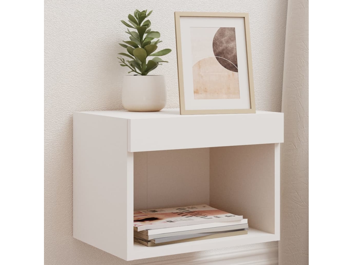 Mesita de Noche Pared Luces Led Madera Blanco (40x30x30cm)