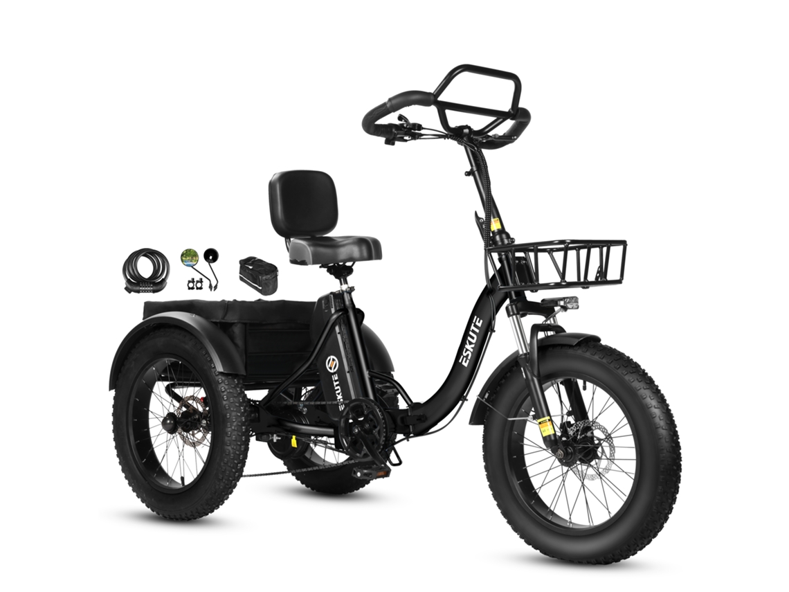 Triciclo Eléctrico De Carga Eskute T302 Pro, Batería De 48 V Y 20,8 Ah, Con Respaldo En El Asiento Trasero Y Cestas Delanteras Y Traseras.