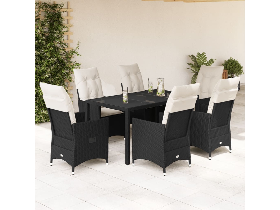 Juego de comedor de jardín de 7 piezas con cojines, mimbre sintético negro, DKD Home Decor
