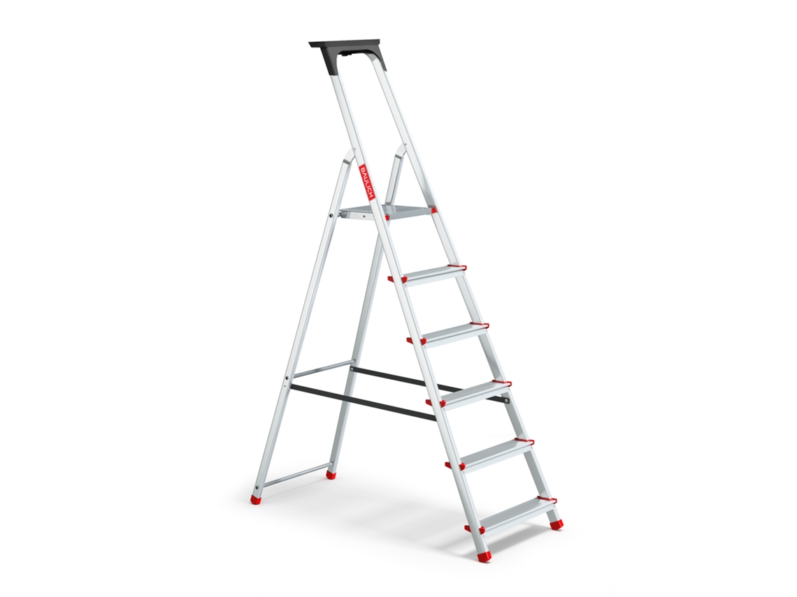 Escalera doméstica de aluminio, 6 peldaños, plegable, con estante, capacidad de carga 125 kg, Baulich