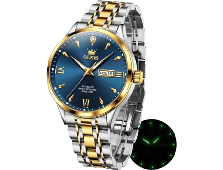 VEANXIN Reloj automático para hombre Calendario mecánico Reloj de negocios de acero inoxidable luminoso resistente al agua(azul dorado)