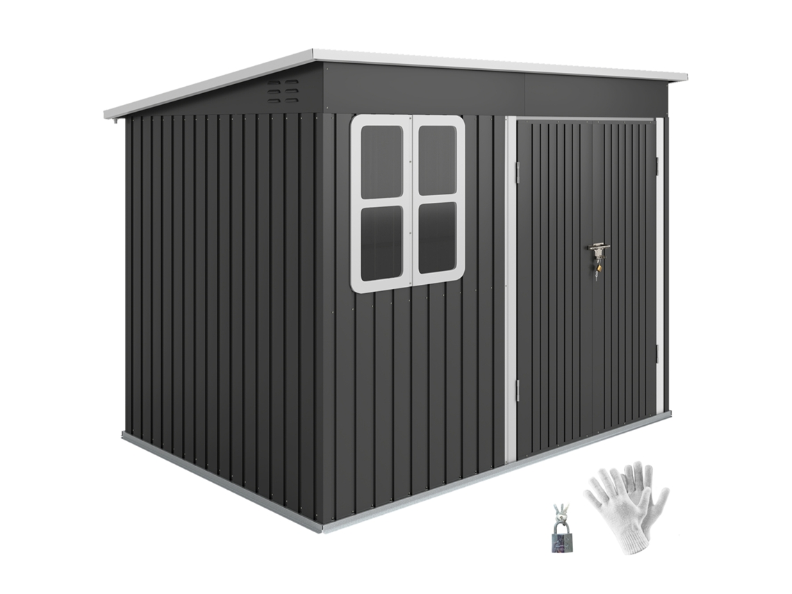 Caseta de herramientas metálica con ventana, gris oscuro.