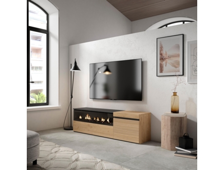 Mueble TV Televisión, 150x45x35cm, Para TV hasta 65, Chimenea eléctrica, Roble SKRAUT HOME