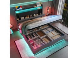 Cama tapizada moderna de 140x200cm con LED, USB, bolsillos laterales, somier de láminas y resorte de gas VOLTEDGE
