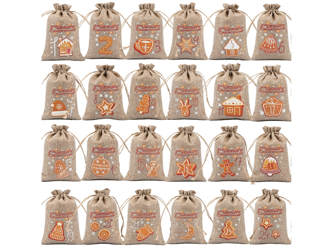 24 bolsas navideñas de yute con cordón, 5,5 x 4 pulgadas (04)