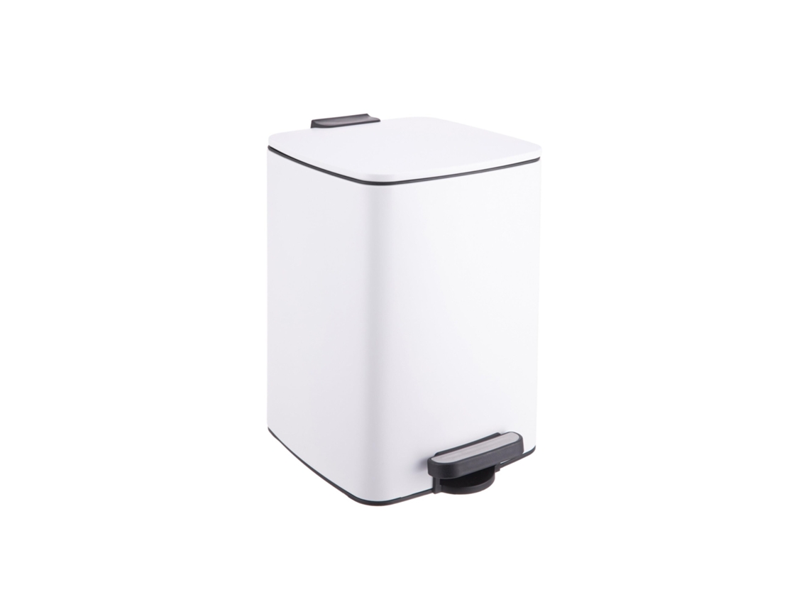 Cubo de basura de cocina Relaxdays, 12 L, cierre suave, cubo interior extraíble, metal mate, pedal rectangular, blanco