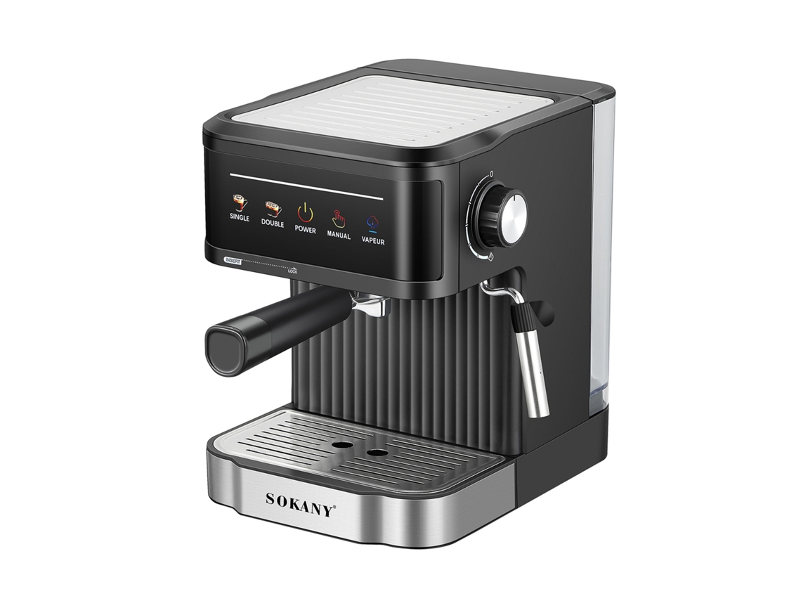 Cafetera espresso doble con 20 bares de presión, 850 W de potencia y depósito de 1,8 l. Boquilla espumadora y bandeja antigoteo.