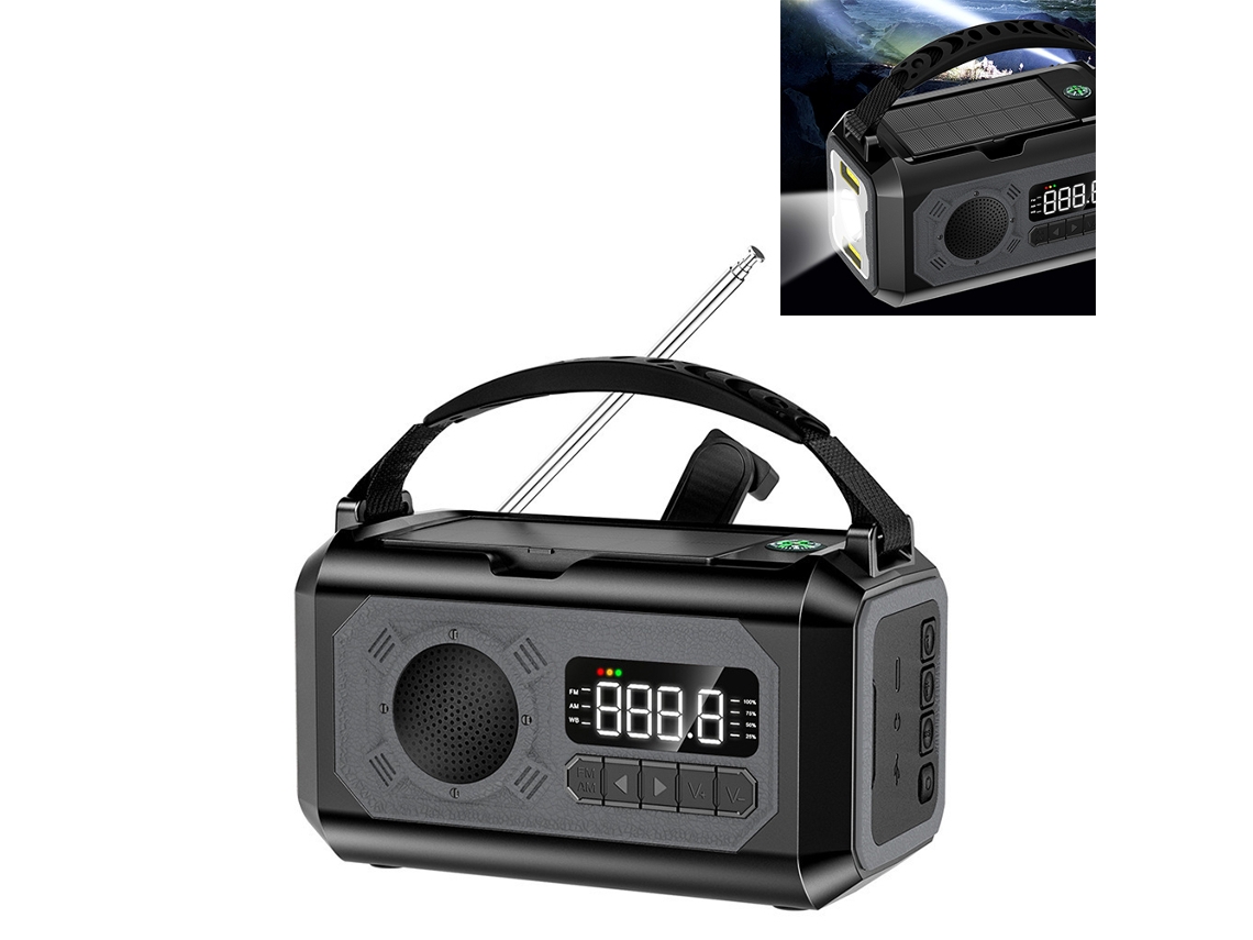 Radio de emergencia portátil Viewleaf de 12000 mAh con manivela solar, FM/AM, linterna LED, luz de lectura, alarma SOS, ideal para exteriores.