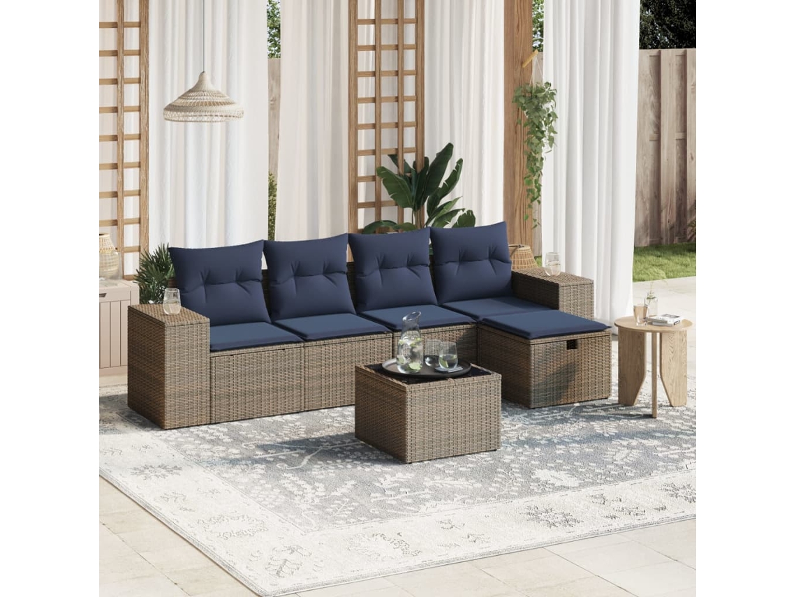 Conjunto de sofá de jardín de 6 piezas con cojines de mimbre gris, Dkd Home Decor