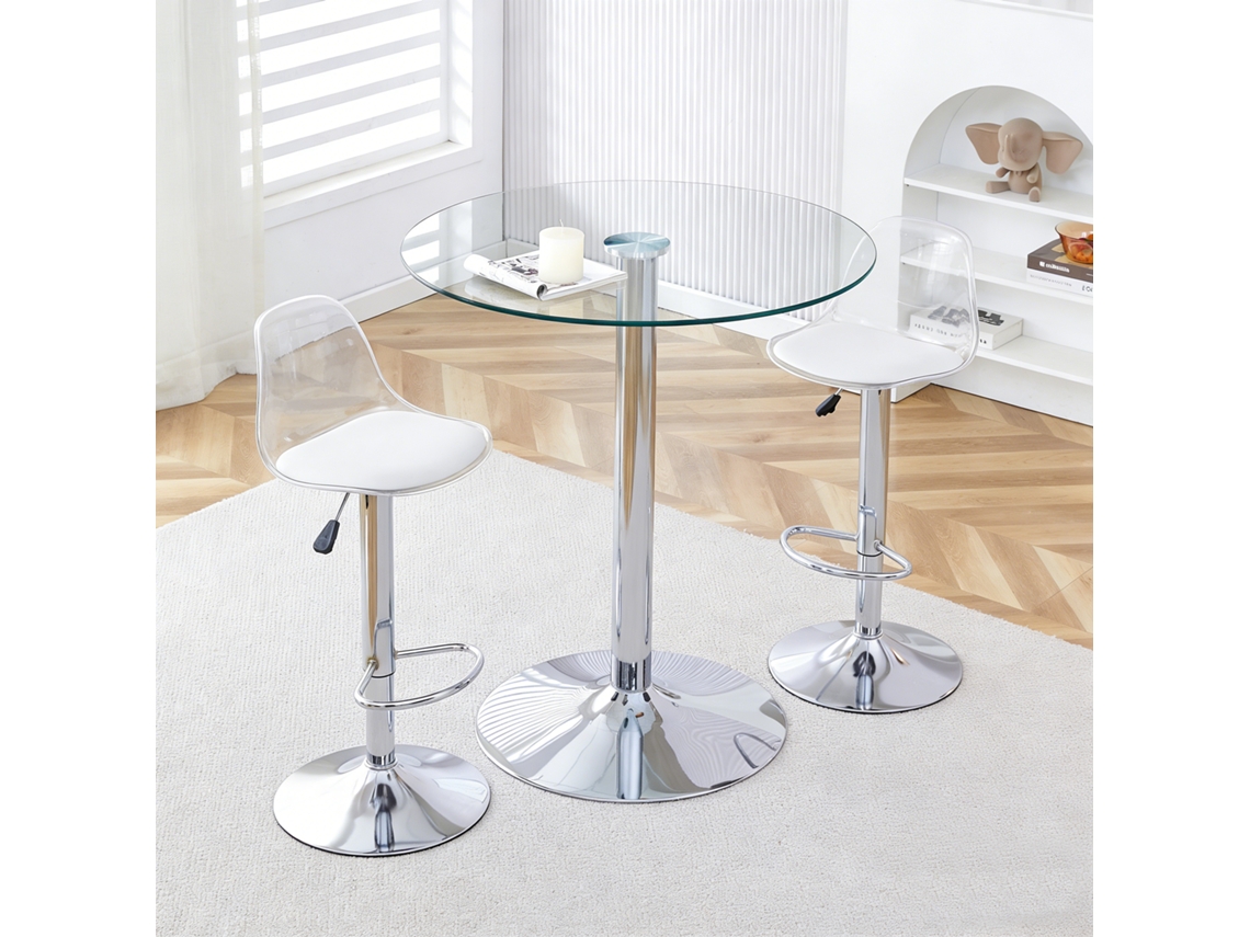 Mesa De Bar De Vidrio Transparente 89 Cm Con 2 Taburetes Regulables, Estructura Plateada, Ahorra Espacio
