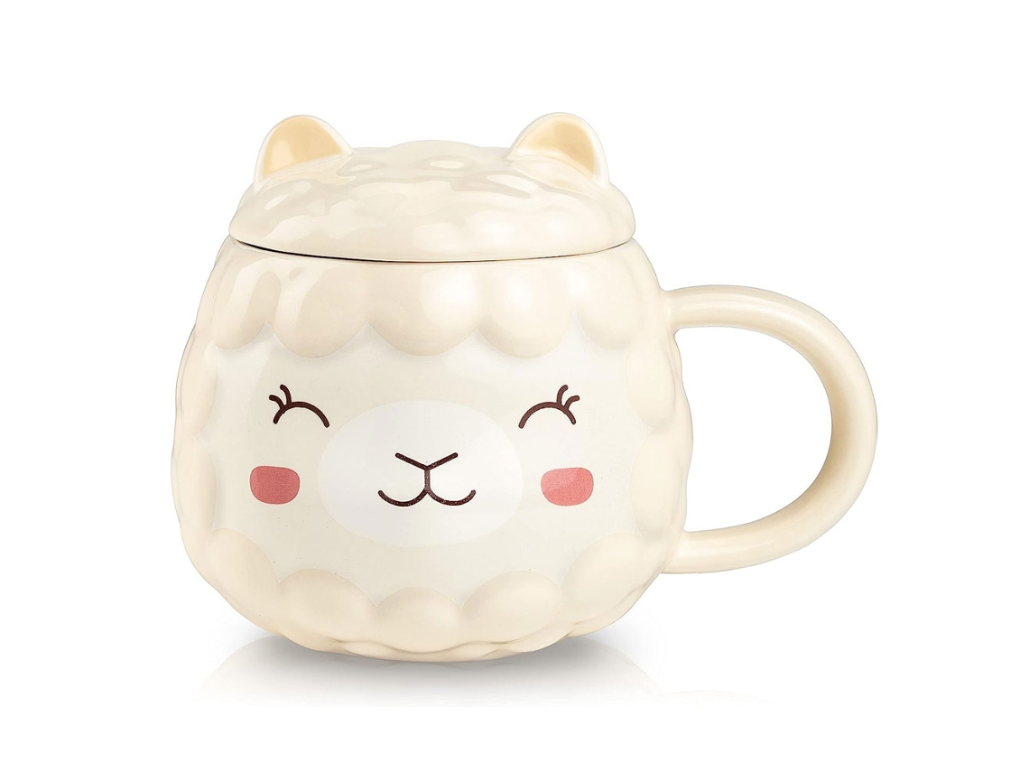 Taza de café de 380 ml con tapa, diseño de alpaca amarilla, regalo