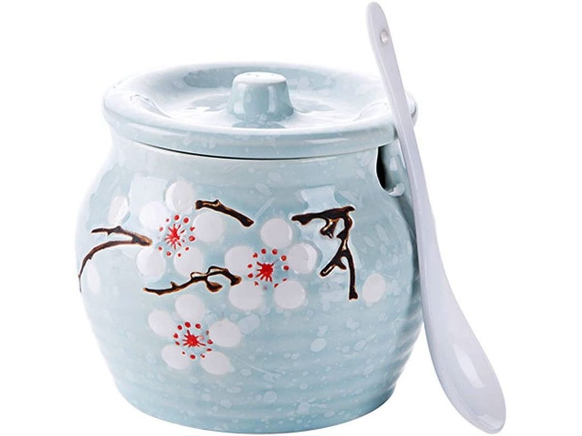 Azucarero Japonés Con Diseño Floral, Especiero, Salero Con Tapa Y Cuchara De Cerámica.